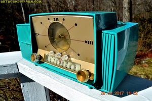 SOLD! - April 17, 2017 - TURQUOISE Mid Century Jetsons 1957 General Electric Model 914 Tube AM Clock Radio Sweet!