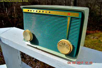 SOLD! - Mar 31, 2017 - BLUETOOTH MP3 READY - Teal and Light Green Retro Jetsons 1959 Motorola Model A16G-29 Tube AM Clock Radio Totally Restored!