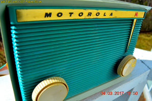 SOLD! - Mar 31, 2017 - BLUETOOTH MP3 READY - Teal and Light Green Retro Jetsons 1959 Motorola Model A16G-29 Tube AM Clock Radio Totally Restored! - [product_type} - Motorola - Retro Radio Farm