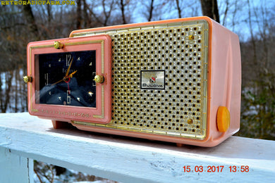 SOLD! - Dec 9, 2017 - FIFTH AVENUE PINK Mid Century Retro Jetsons 1957 Bulova Model 120 Tube AM Clock Radio Excellent Condition!