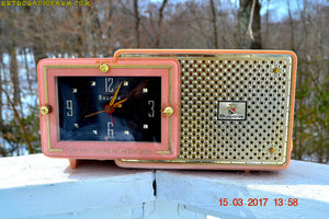 SOLD! - Dec 9, 2017 - FIFTH AVENUE PINK Mid Century Retro Jetsons 1957 Bulova Model 120 Tube AM Clock Radio Excellent Condition! - [product_type} - Bulova - Retro Radio Farm