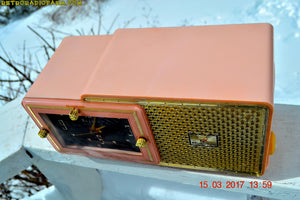 SOLD! - Dec 9, 2017 - FIFTH AVENUE PINK Mid Century Retro Jetsons 1957 Bulova Model 120 Tube AM Clock Radio Excellent Condition! - [product_type} - Bulova - Retro Radio Farm