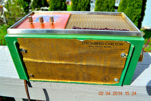 SOLD! - May 28, 2014 - BEAUTIFUL GREEN AND COPPER Retro Jetsons 1950's Stromberg Carlson C-5 Tube AM Clock Radio WORKS! - [product_type} - Stromberg Carlson - Retro Radio Farm