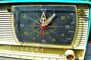 SOLD! - July 15, 2014 - BEAUTIFUL AQUA Retro Jetsons 1956 RCA Victor 9-C-71 Tube AM Clock Radio WORKS! - [product_type} - Vintage Radio - Retro Radio Farm