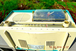 SOLD! - July 15, 2014 - BEAUTIFUL AQUA Retro Jetsons 1956 RCA Victor 9-C-71 Tube AM Clock Radio WORKS! - [product_type} - Vintage Radio - Retro Radio Farm