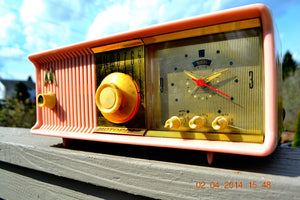 SOLD! - June 3, 2014 - BEAUTIFUL POWDER PINK Retro Jetsons 1957 Motorola 57CC Tube AM Clock Radio WORKS! - [product_type} - Motorola - Retro Radio Farm