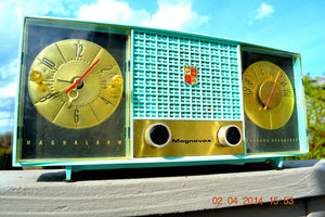 SOLD! - June 28, 2014 - STUNNING AQUA BLUE Retro Jetsons 1957 Magnavox C5 Tube AM Clock Radio WORKS! - [product_type} - Magnavox - Retro Radio Farm