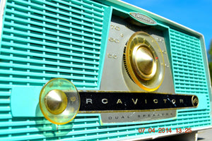 SOLD! - July 11, 2014 - AQUA AND WHITE Atomic Age Vintage 1959 RCA Victor Model X-4HE Tube AM Radio WORKS! - [product_type} - RCA Victor - Retro Radio Farm