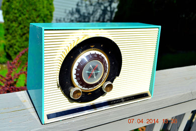 SOLD! - July 19, 2014 - AQUA Atomic Age Vintage 1957 General Electric 862 Tube AM Radio WORKS!