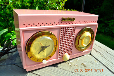 SOLD! - Nov 3, 2014 - PANTHER PINK Retro Jetsons 1954 DeWald H528 Tube AM Bakelite Clock Radio WORKS!