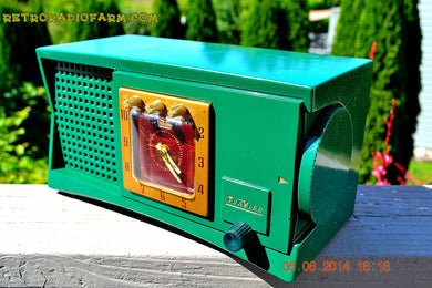 SOLD! - Aug 1, 2014 - WILD LOOKING KELLY GREEN Retro Jetsons 1955 Trav-Ler 55C42 Tube AM Clock Radio WORKS!