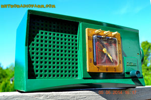 SOLD! - Aug 1, 2014 - WILD LOOKING KELLY GREEN Retro Jetsons 1955 Trav-Ler 55C42 Tube AM Clock Radio WORKS! - [product_type} - Admiral - Retro Radio Farm