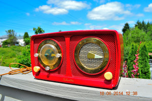 Sold! - July 7, 2014 - CARDINAL RED Retro Jetsons 1951 Silvertone Model 8 Tube AM Clock Radio Works!