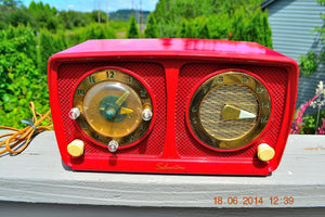 Sold! - July 7, 2014 - CARDINAL RED Retro Jetsons 1951 Silvertone Model 8 Tube AM Clock Radio Works! - [product_type} - Silvertone - Retro Radio Farm