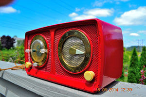 Sold! - July 7, 2014 - CARDINAL RED Retro Jetsons 1951 Silvertone Model 8 Tube AM Clock Radio Works! - [product_type} - Silvertone - Retro Radio Farm