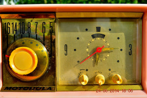 SOLD! - July 3, 2014 - PRETTY IN PINK Retro Jetsons 1957 Motorola 57CC Tube AM Clock Radio WORKS! - [product_type} - Motorola - Retro Radio Farm