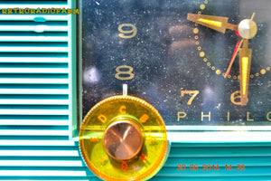 SOLD! - July 8, 2014 - AQUAMARINE Vintage Atomic Age 1959 Philco G755-124 Tube AM Radio Clock Alarm Works! - [product_type} - Philco - Retro Radio Farm