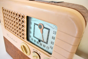 タン リザード スキン ウッド 1946 デルコ モデル R-1409 ポータブル真空管 AM ラジオのサウンドは素晴らしく、素晴らしいプラスの状態です。