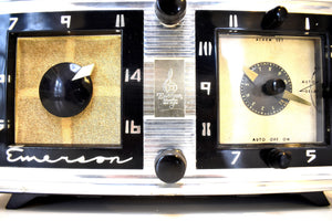 Moderna Black and Silver 1953 Emerson Model 718 AM Vacuum Tube Clock Radio Early Jet Age! Sounds Great!