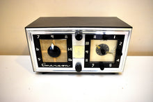 Load image into Gallery viewer, Moderna Black and Silver 1953 Emerson Model 718 AM Vacuum Tube Clock Radio Early Jet Age! Sounds Great!