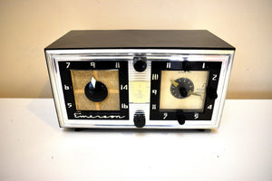 Moderna Black and Silver 1953 Emerson Model 718 AM Vacuum Tube Clock Radio Early Jet Age! Sounds Great!