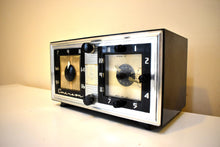 Load image into Gallery viewer, Moderna Black and Silver 1953 Emerson Model 718 AM Vacuum Tube Clock Radio Early Jet Age! Sounds Great!
