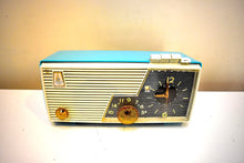 Load image into Gallery viewer, Sky Blue Turquoise and White 1956 Emerson Model 919 Tube AM Radio Push Button Mania! Great Sounding!