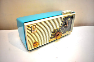 Sky Blue Turquoise and White 1956 Emerson Model 919 Tube AM Radio Push Button Mania! Great Sounding!