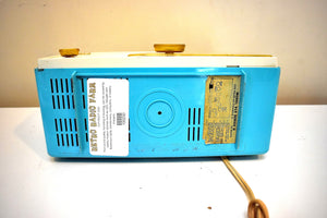 Sky Blue Turquoise and White 1956 Emerson Model 919 Tube AM Radio Push Button Mania! Great Sounding!