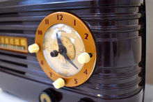Load image into Gallery viewer, Umber Brown Bakelite 1951 Emerson Model 671 AM Vacuum Tube Clock Radio Sounds Marvelous Rare Clock Model!