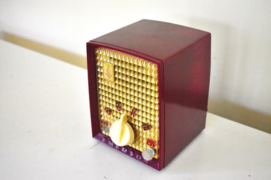 Raspberry Red Mini Tower 1952 Emerson Model 706 Vacuum Tube AM Radio Works Great! Nice Colors!