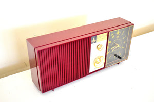 Burgundy Beauty 1962 Emerson Lifetimer I Model G-1704B AM Vacuum Tube Alarm Clock Radio Sounds Great! Nice Color!