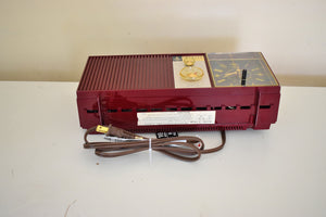Burgundy Beauty 1962 Emerson Lifetimer I Model G-1704B AM Vacuum Tube Alarm Clock Radio Sounds Great! Nice Color!