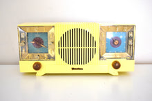 Load image into Gallery viewer, Citron Yellow Mid Century 1954 Firestone Model 4-A-127 Vacuum Tube AM Radio Cool Model Rare Color!