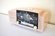 Load image into Gallery viewer, Beige Pink Mid Century 1956 General Electric Model C-434B Vacuum Tube AM Clock Radio Popular Model Sounds Terrific! Excellent Plus Condition!