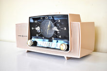 Load image into Gallery viewer, Beige Pink Mid Century 1956 General Electric Model C-434B Vacuum Tube AM Clock Radio Popular Model Sounds Terrific! Excellent Plus Condition!