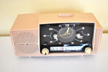 Load image into Gallery viewer, Beige Pink Mid Century 1956 General Electric Model C-434B Vacuum Tube AM Clock Radio Popular Model Sounds Terrific! Excellent Plus Condition!