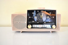 Load image into Gallery viewer, Beige Pink Mid Century 1956 General Electric Model C-434B Vacuum Tube AM Clock Radio Popular Model Sounds Terrific! Excellent Plus Condition!