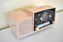 Load image into Gallery viewer, Beige Pink Mid Century 1956 General Electric Model C-434B Vacuum Tube AM Clock Radio Popular Model Sounds Terrific! Excellent Plus Condition!