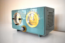 Load image into Gallery viewer, Mariner Green 1954 General Electric Model 566 AM Vacuum Tube Clock Radio Porthole Design Sounds and Looks Great!