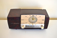Load image into Gallery viewer, Burgundy Swirl Mid Century 1959 General Electric Model 913D Vacuum Tube AM Clock Radio Beauty Sounds Fantastic!