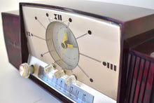 Load image into Gallery viewer, Burgundy Swirl Mid Century 1959 General Electric Model 913D Vacuum Tube AM Clock Radio Beauty Sounds Fantastic!