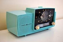 Load image into Gallery viewer, Turquoise Gem Mid Century 1959 General Electric Model 913 Vacuum Tube AM Clock Radio Beauty Sounds Fantastic!