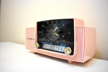 Load image into Gallery viewer, Princess Pink Mid Century 1959 General Electric Model 914D Vacuum Tube AM Clock Radio Beauty Sounds Fantastic Popular Model!