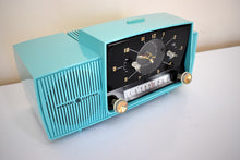 Load image into Gallery viewer, Seafoam Turquoise Mid Century 1959 General Electric Model 914D Vacuum Tube AM Clock Radio Popular Model Sounds Terrific!