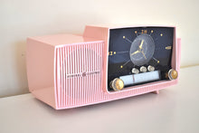 Load image into Gallery viewer, Princess Pink Mid Century 1959 General Electric Model 914D Vacuum Tube AM Clock Radio Beauty Sounds Fantastic Popular Model!