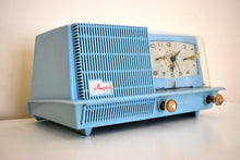 Charger l&#39;image dans la galerie, Baby Blue 1957 General Electric Model C420A Vacuum Tube AM Clock Radio Loud and Clear Sounds Great!