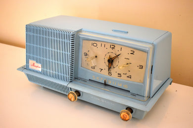 Baby Blue 1957 General Electric Model C420A Vacuum Tube AM Clock Radio Loud and Clear Sounds Great!