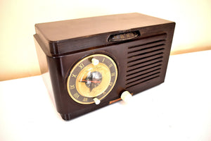 Timber Brown Bakelite 1952 General Electric Model 514 Vacuum Tube AM Radio Alarm Clock Excellent Condition! Sounds Great!