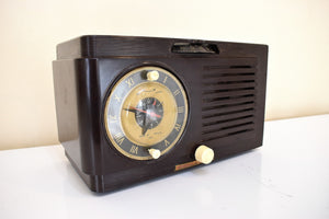 Timber Brown Bakelite 1952 General Electric Model 514 Vacuum Tube AM Radio Alarm Clock Excellent Condition! Sounds Great!